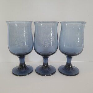 Set Of 3 Pfaltzgraff Village Blue Etched Glass Goblets With Floral Design
